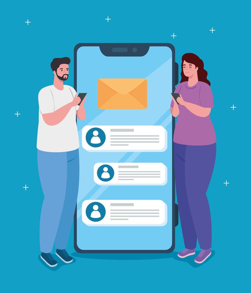 Social-Media-Konzept mit jungen Paaren, die über Smartphone chatten vektor