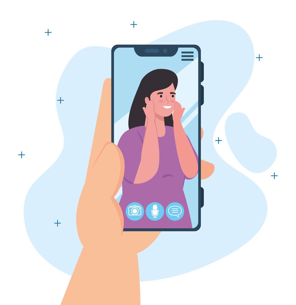 Hand hält Smartphone auf einem Videoanruf auf dem Bildschirm, Social-Media-Konzept vektor