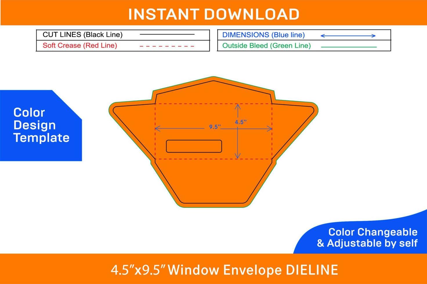 Fenster Briefumschlag Design 4,5 x 9,5 Zoll Dieline Vorlage Farbe Design Vorlage vektor
