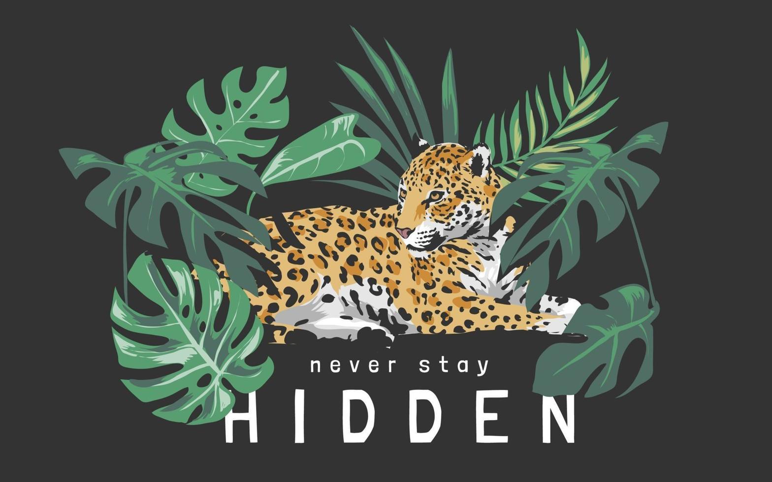 Bleiben Sie niemals versteckter Slogan mit Jaguar, der in der Waldillustration auf schwarzem Hintergrund sitzt vektor