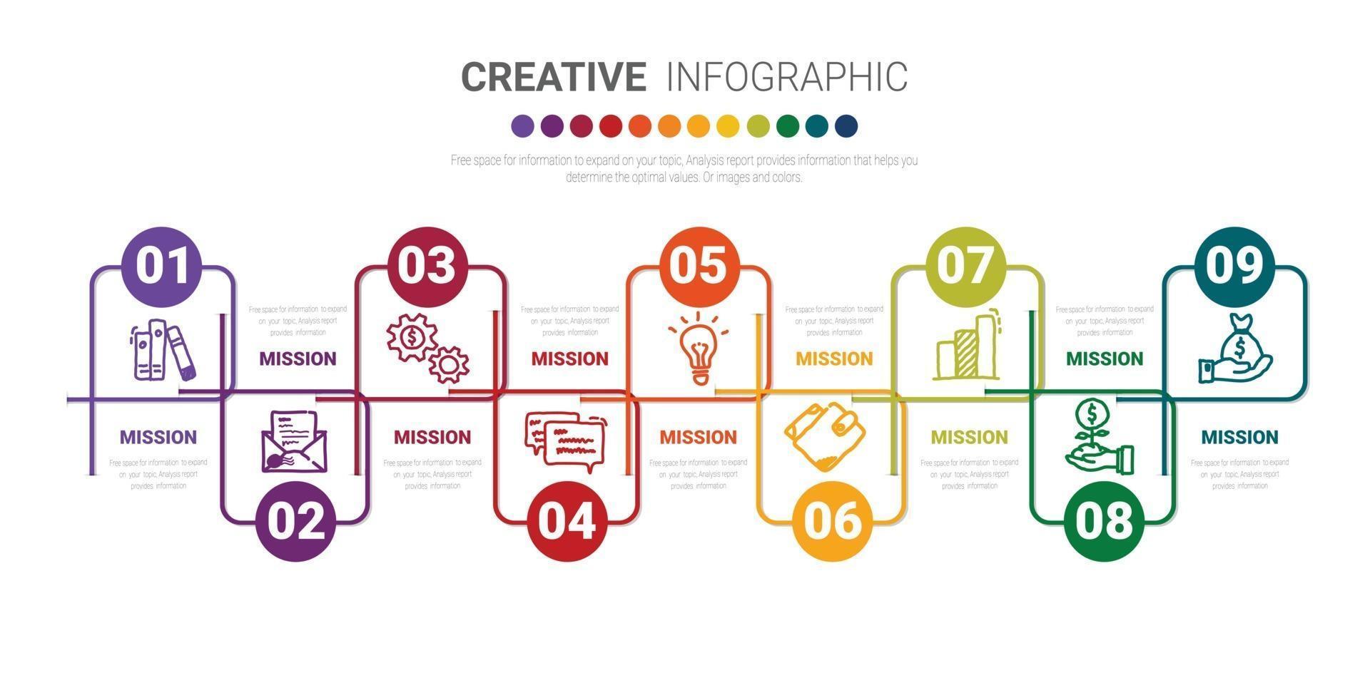 Infografik Design-Elemente für Ihr Unternehmen mit 9 Optionen, Teilen, Schritten oder Prozessen, Vektor-Illustration. vektor