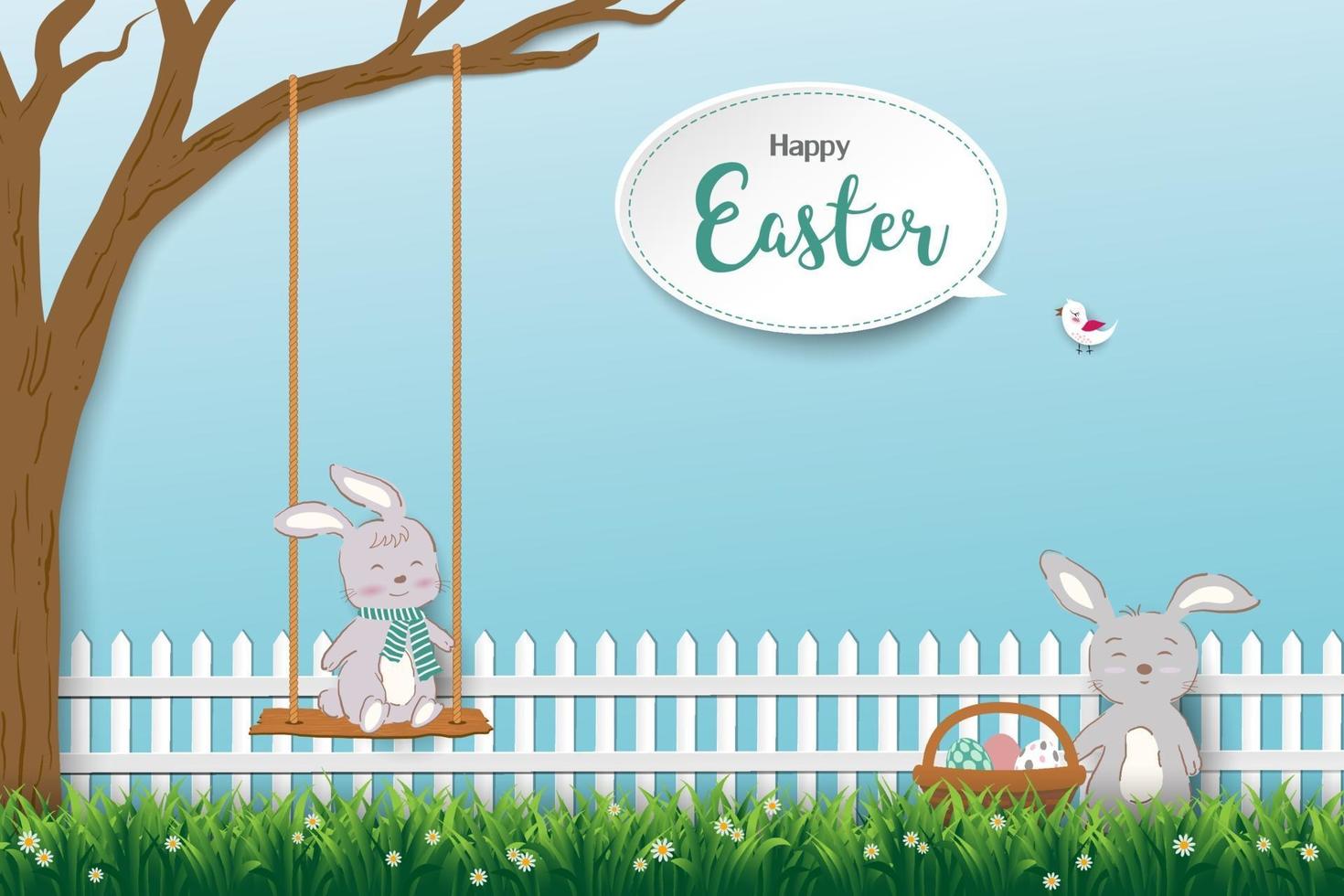 süße Kaninchen glücklich im schönen Garten für Ostern vektor