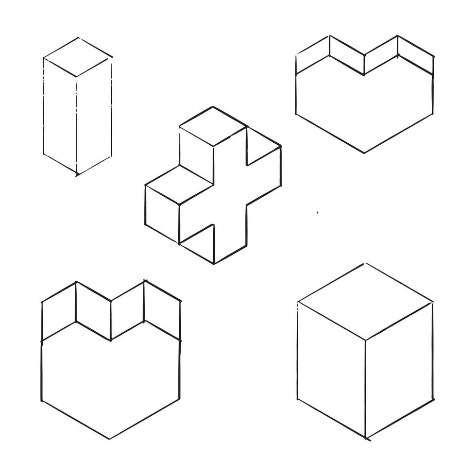 Minecraft figur design. vetor illustration. kub, hjärta och plus geometrisk figur vektor