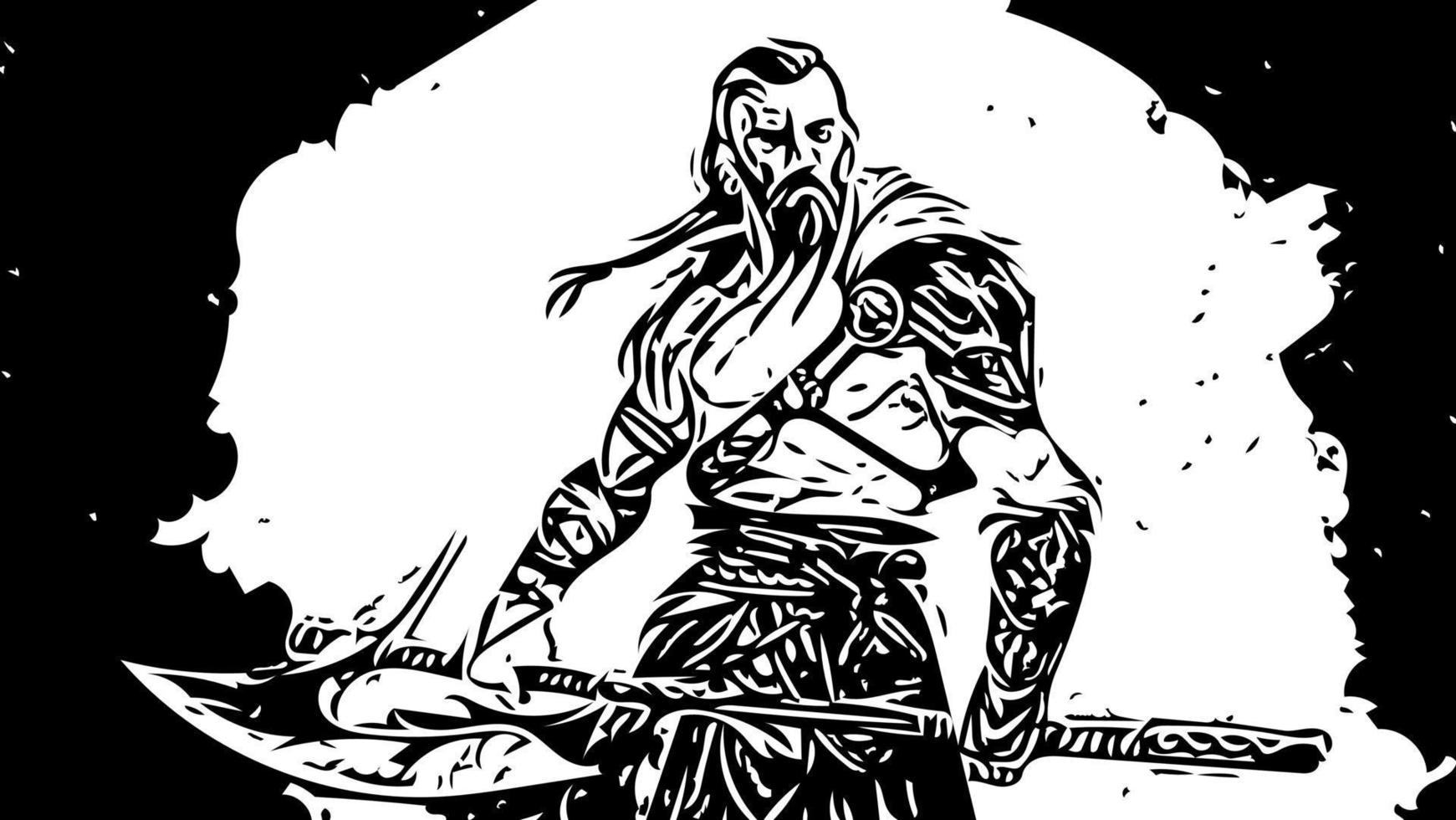 medeltida krigare viking med tatuering och i hud med axlar attacker fiende illustration vektor