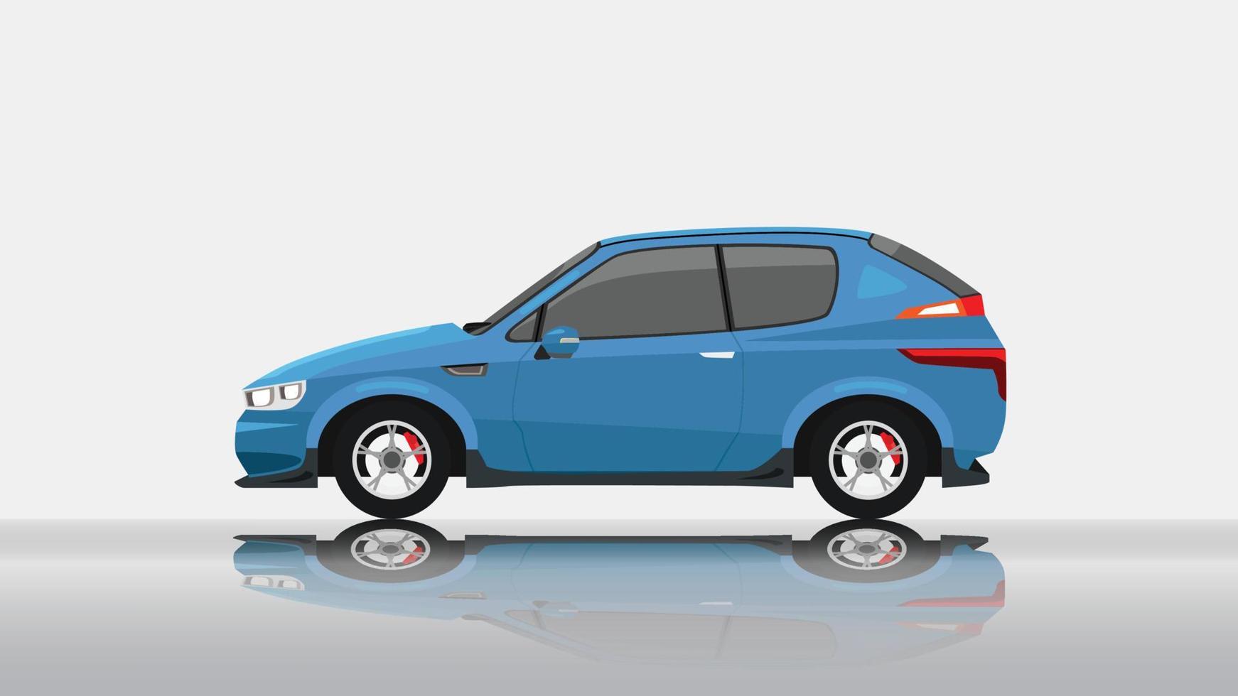 Konzept Vektor Illustration von detailliert Seite von ein eben elektrisch Fahrzeug Auto Blau Farbe. mit Schatten von Auto auf reflektiert von das Boden unter. und isoliert Weiß Hintergrund.