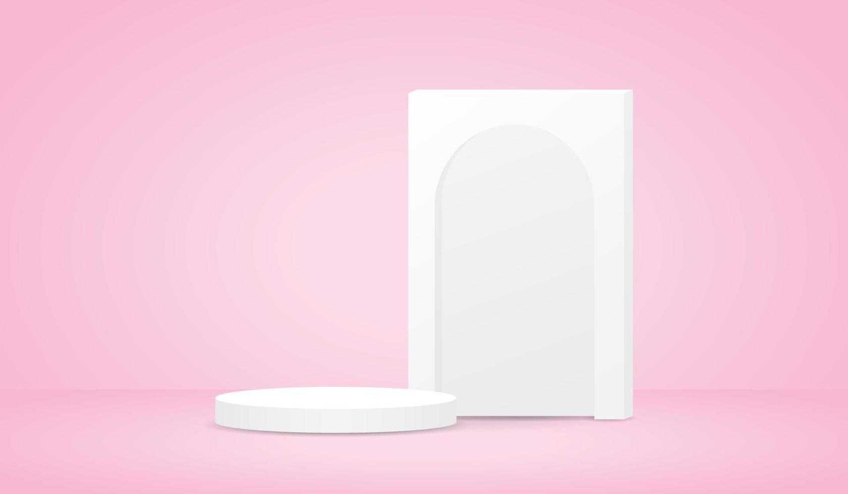 Weiß minimal Podium Anzeige mit Bogen Schild 3d Illustration Vektor auf Süss Pastell- Hintergrund zum Putten Objekt