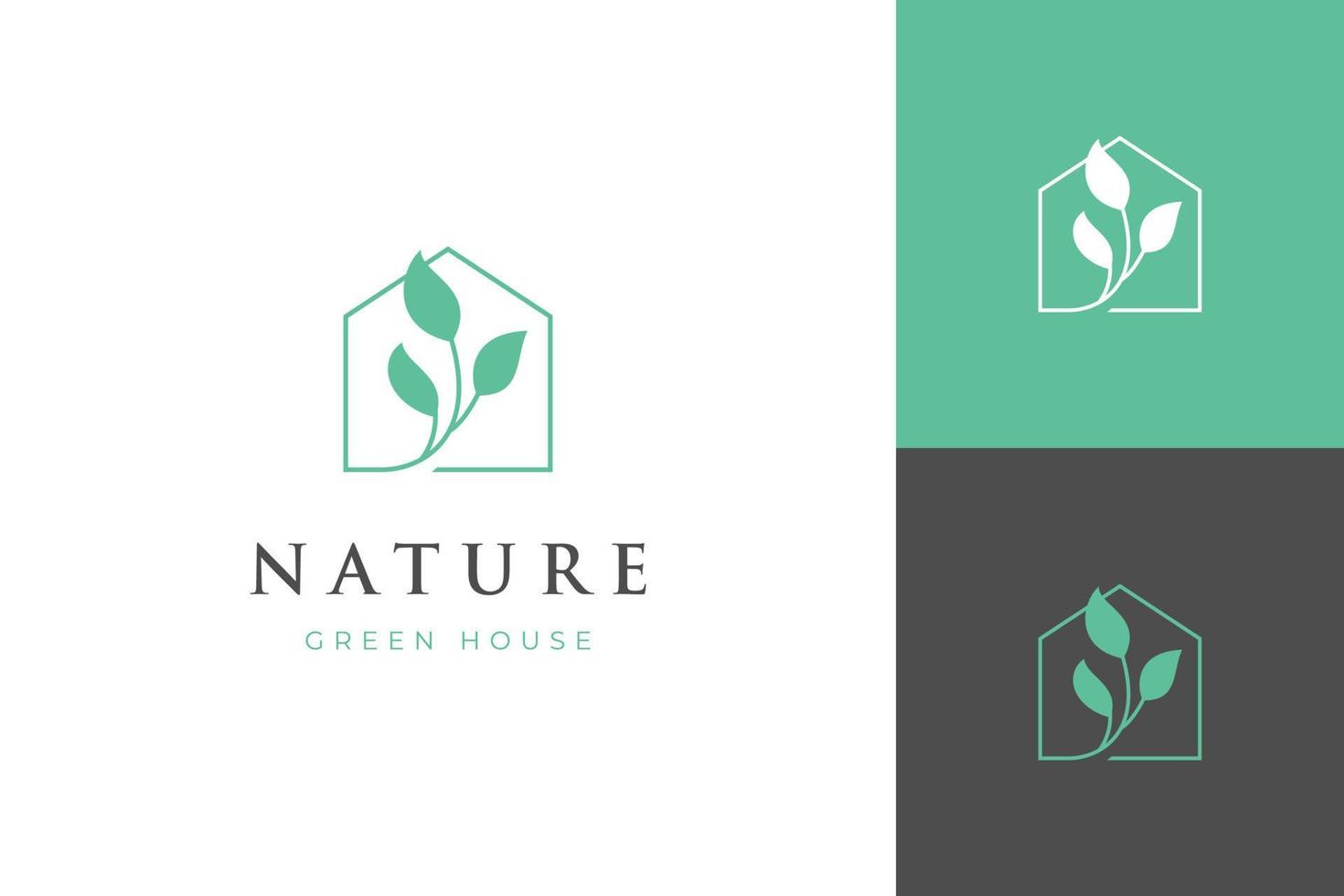 Natur Grün Haus Logo Design Linie Kunst Stil Vektor Symbol Symbol Design mit Haus und Pflanze Konzept, Öko freundlich Zuhause Logo Design