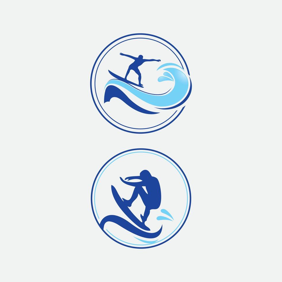 sommar surfing sporter vektor logotyper samling med surfare, surfa styrelse och hav Vinka