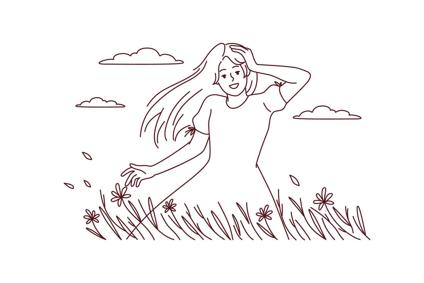 glücklich jung Frau Gehen im Sommer- Feld genießen Schmiere Tag. lächelnd Mädchen im Landschaft haben Wiederherstellung von mental Erkrankung. Vektor Illustration.