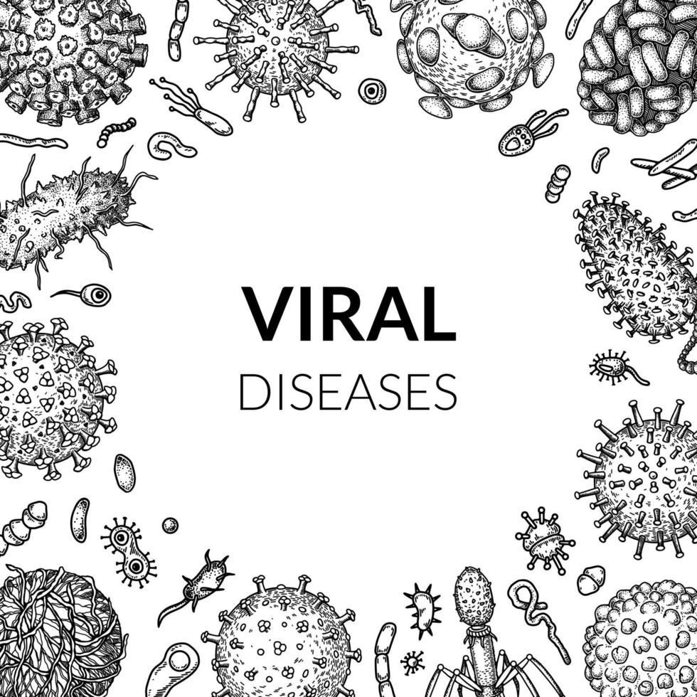 Virus Platz Hintergrund im skizzieren Stil. Hand gezeichnet Bakterien, Keim, Mikroorganismus. Mikrobiologie wissenschaftlich Design. Vektor Illustration im skizzieren Stil