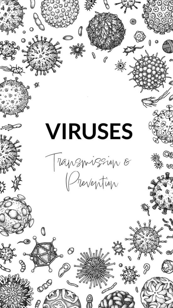 virus vertikal bakgrund i skiss stil. hand dragen bakterie, bakterie, mikroorganism. mikrobiologi vetenskaplig design. vektor illustration i skiss stil