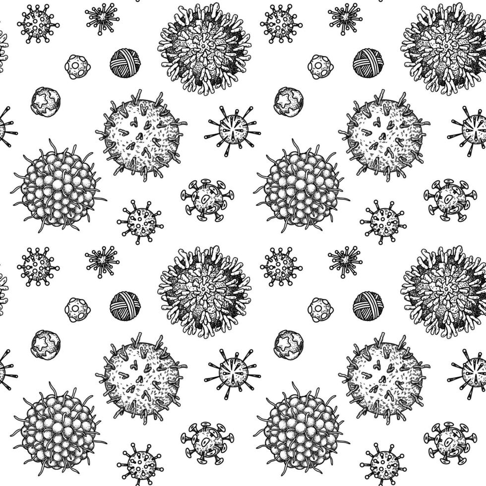 virus sömlös patten. vetenskaplig hand dragen vektor illustration i skiss stil. mikroskopisk mikroorganismer