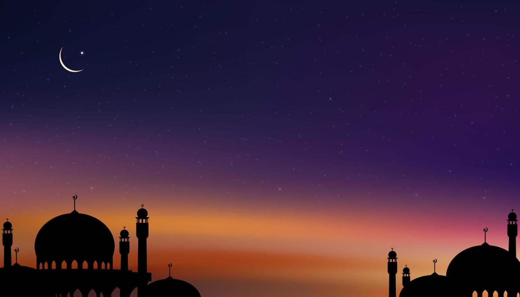 islamisch Karte mit Moscheen Kuppel, Halbmond Mond auf Blau Himmel Hintergrund, vertikal Banner Ramadan Nacht mit Dämmerung Dämmerung Himmel zum islamisch Religion, Eid al-adha, eid Mubarak, Eid al fitr, ramadan kareem vektor