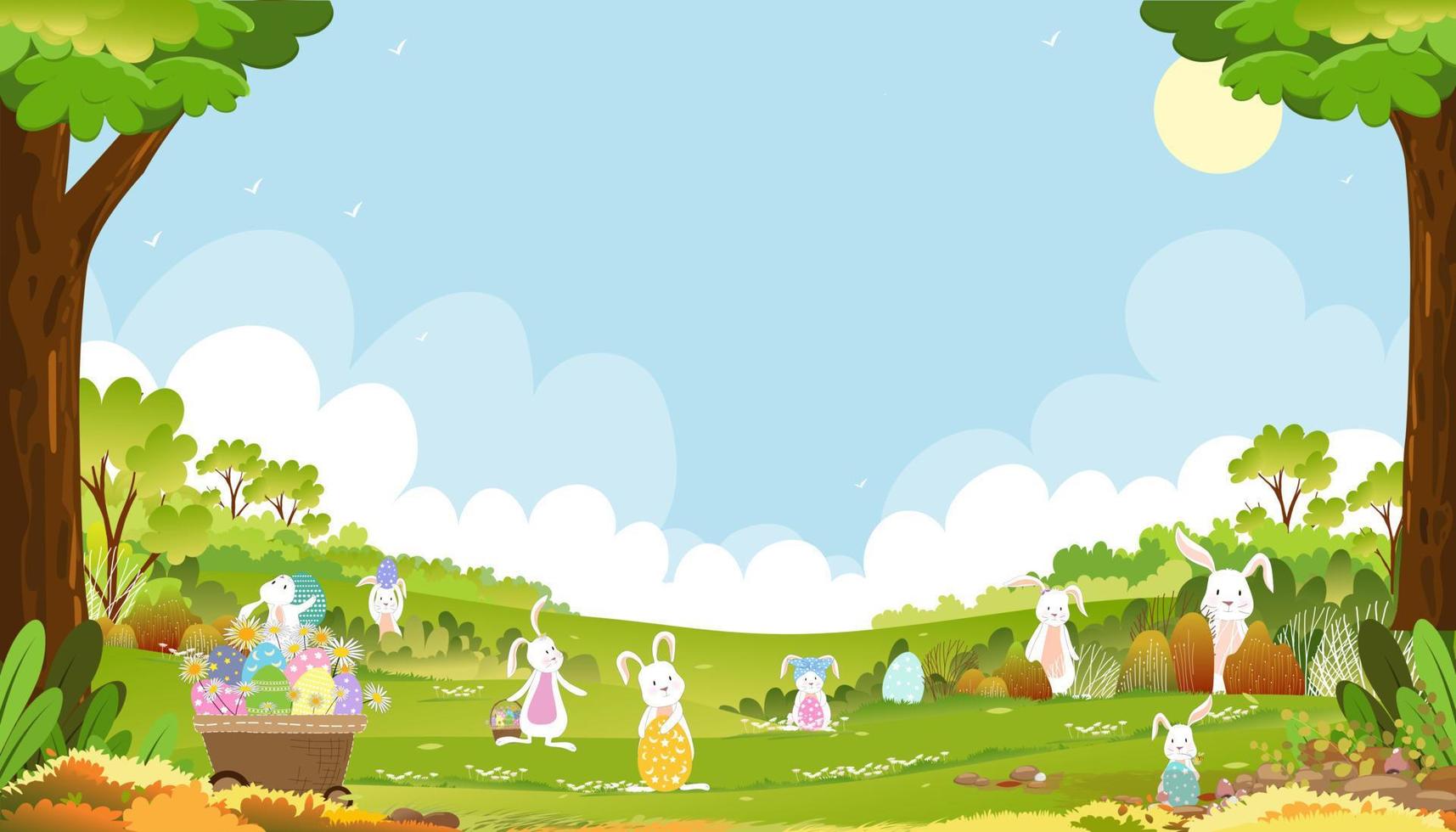 Ostern Hintergrund, Frühling Grün Felder Landschaft mit süß Hase Jagd Ostern Ei mit Blau Himmel und Wolke Hintergrund, Vektor Karikatur ländlich Natur im Frühling, Kaninchen spielen auf Gras Land im Morgen