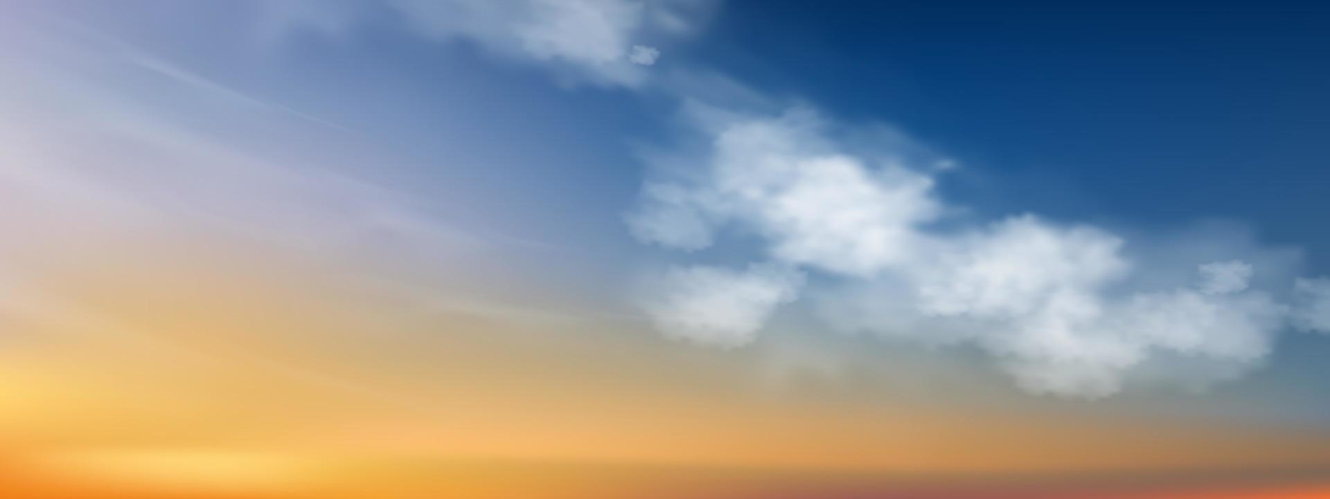 Sonnenuntergang Himmel, Horizont Frühling Himmel scape im Blau, Gelb Farbe, Vektor Illustration von Natur Wolke, Himmel im sonnig Tag Frühling, Sommer, Horizont malerisch Banner Hintergrund zum Welt Umgebung Tag, Erde Tag