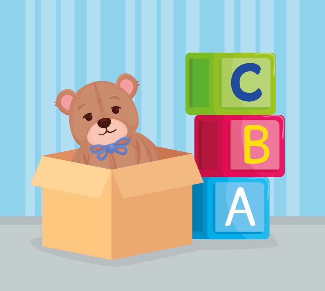 Kinderspielzeug, Alphabetwürfel mit Teddybär in einer Box vektor
