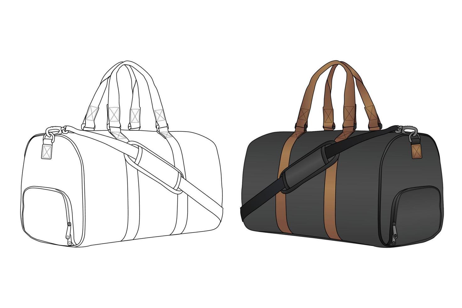 Reise Duffle Tasche, Vektor Illustration, Tasche Gliederung Vorlage, Mode Wohnungen skizzieren, Duffel Tasche zum Camping Fitnessstudio Weekender Tasche, Vektor Clip Kunst Vorlage