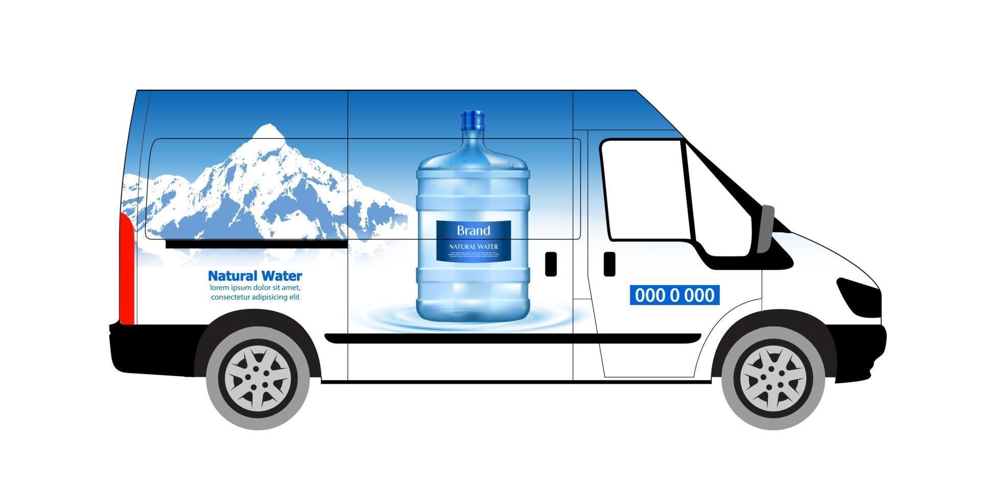 Wasserlieferdienst Vektorillustration. Lieferung Panelvan. Trinkwasser-Lieferservice. Plastikflasche, blauer Behälter. Lieferung, Versand. Unternehmensdienstleistungen. vektor