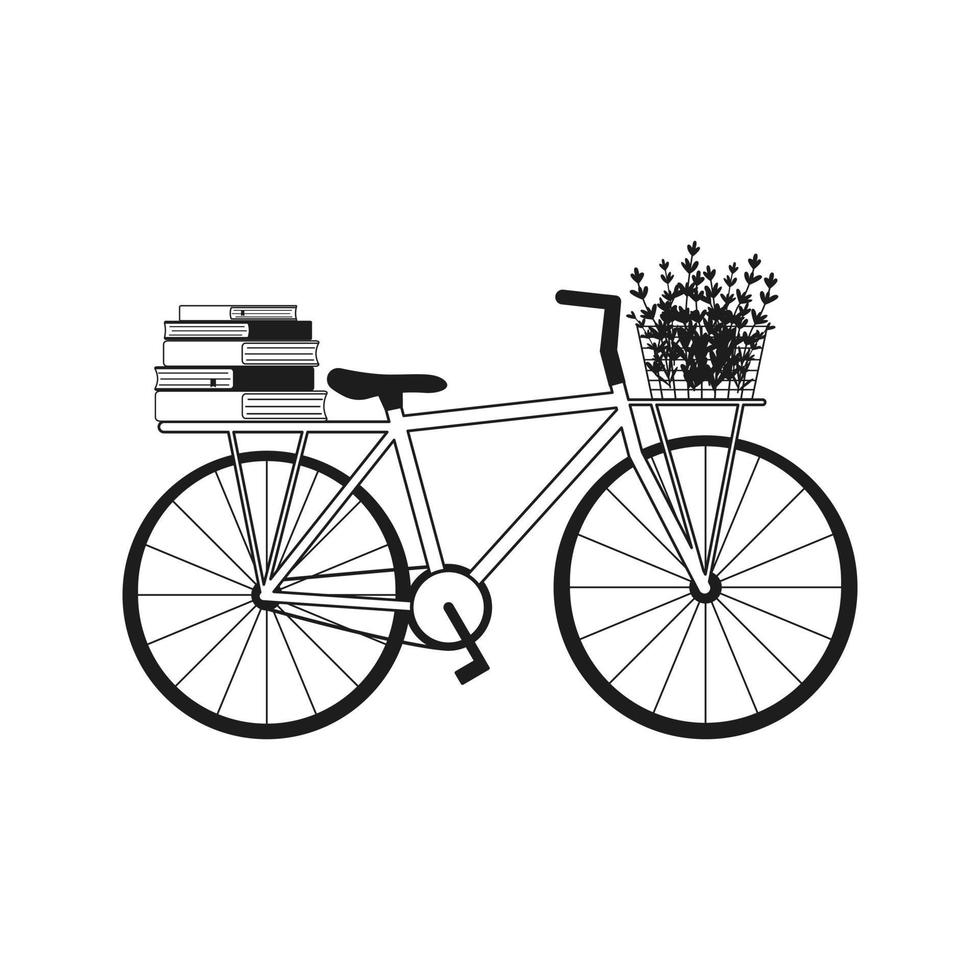 Fahrrad, Stapel von Bücher und Lavendel Korb. Vektor Illustration. einfach Gekritzel Stil.