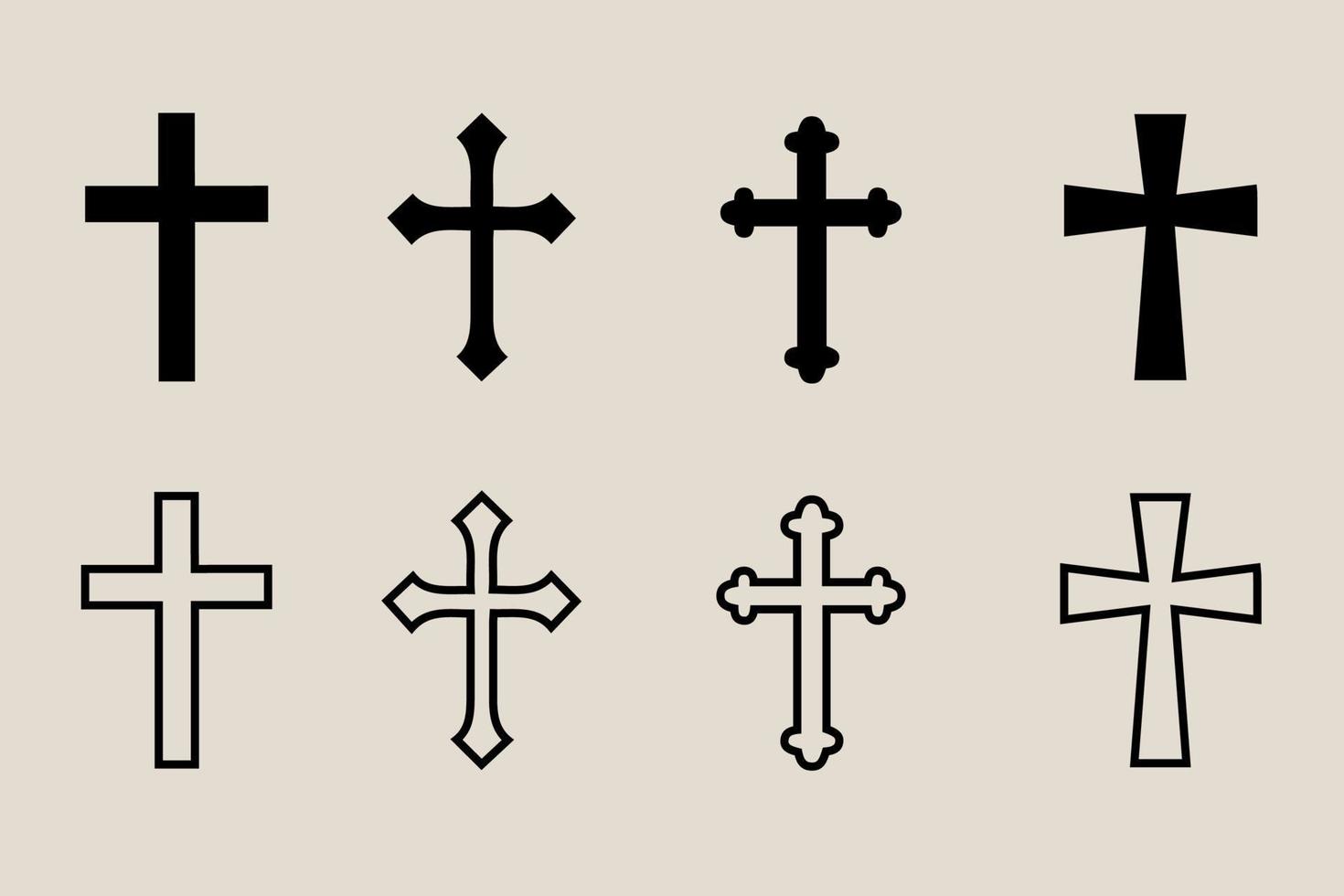 dekorativ krucifix religion katolik symbol, kristen går över. ortodox tro kyrka korsa ikoner design, isolerat platt uppsättning. vektor