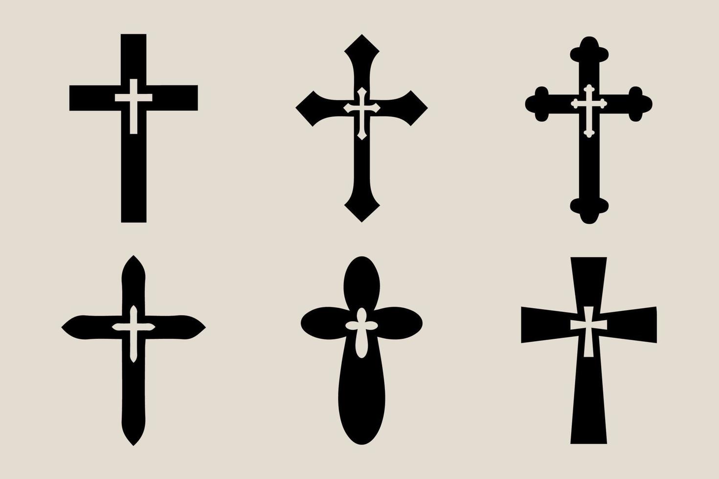 dekorativ krucifix religion katolik symbol, kristen går över. ortodox tro kyrka korsa ikoner design, isolerat platt uppsättning. vektor