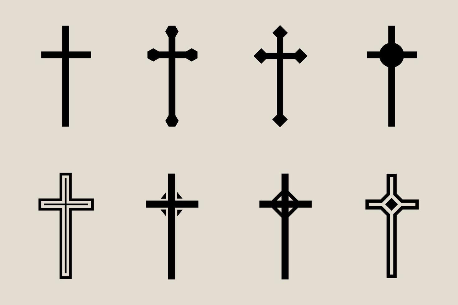 dekorativ krucifix religion katolik symbol, kristen går över. ortodox tro kyrka korsa ikoner design, isolerat platt uppsättning. vektor