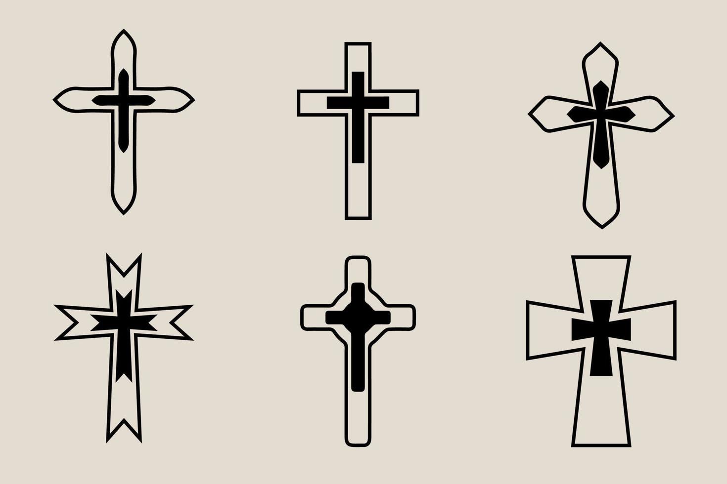 dekorativ Kruzifix Religion katholisch Symbol, Christian Kreuze. orthodox Vertrauen Kirche Kreuz Symbole Design, isoliert eben Satz. vektor