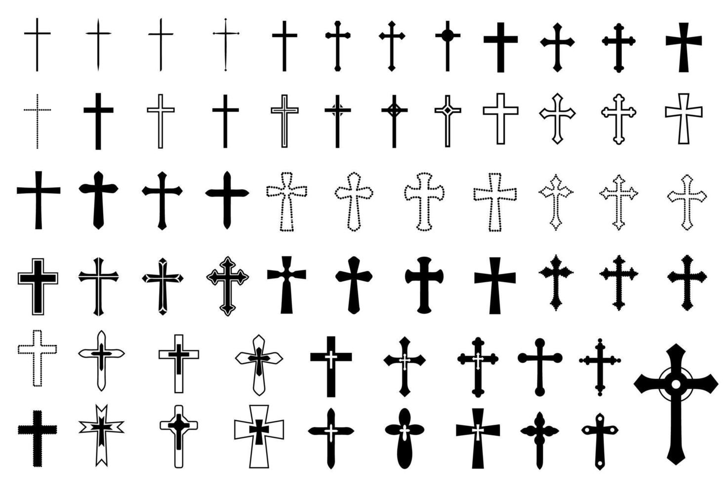 dekorativ krucifix religion katolik symbol, kristen går över. ortodox tro kyrka korsa ikoner design, isolerat platt uppsättning. vektor