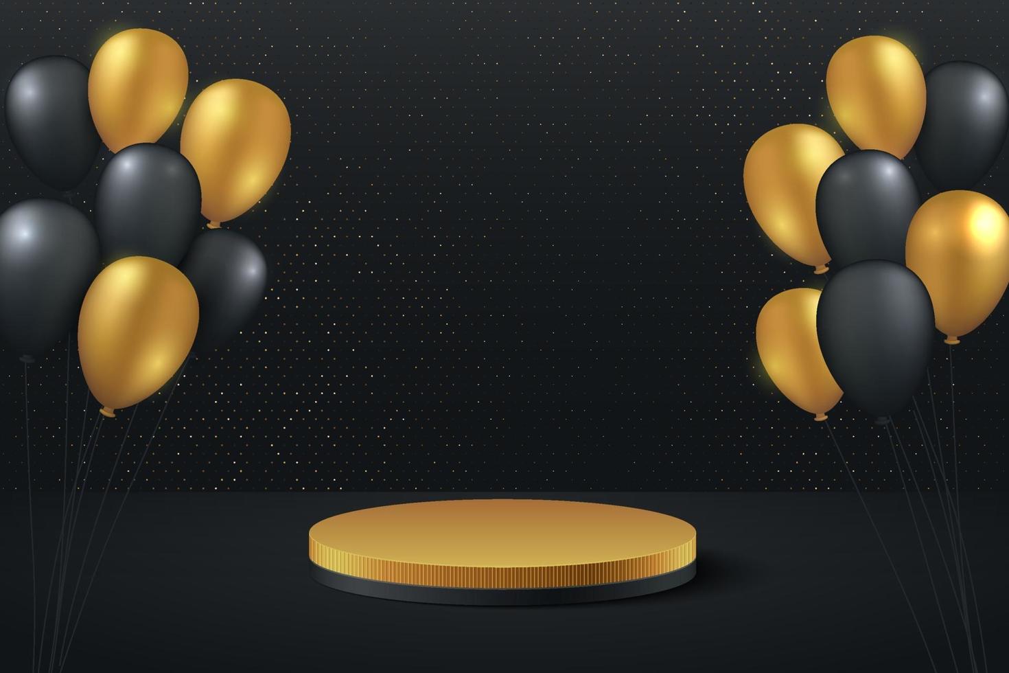 Luxusgold und schwarzer Ballonhintergrundvektor 3d Rendering mit Cylynder Podium. schwarzer Freitag minimal gerenderte Szene 3d mit goldener Podestplattform. stehen, um Produkt zu zeigen. Bühnenvitrine Hintergrund. vektor