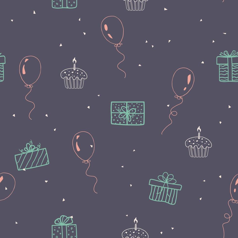 handgezeichnete Doodle-Skizze mit Geschenkboxen, Cupcake und Luftballons vektor