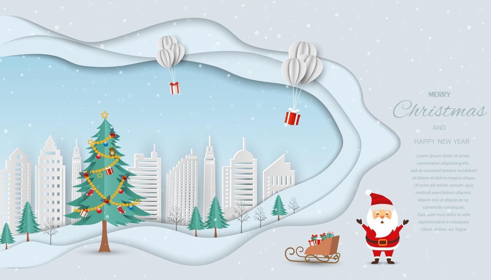 Frohe Weihnachten und ein frohes neues Jahr Grußkarte, Weihnachtsmann schickt Geschenke mit Luftballons vektor