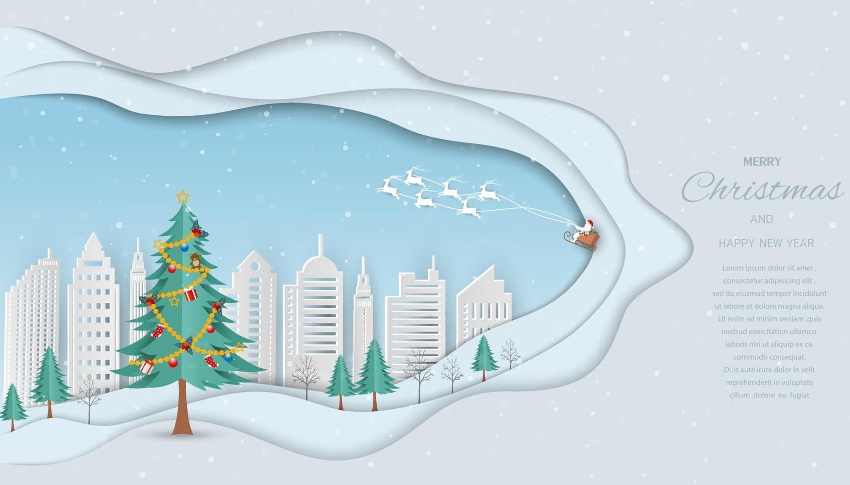 god jul och gott nytt år gratulationskort, jultomten kommer till den vita staden med presentaskar på vinterbakgrund vektor