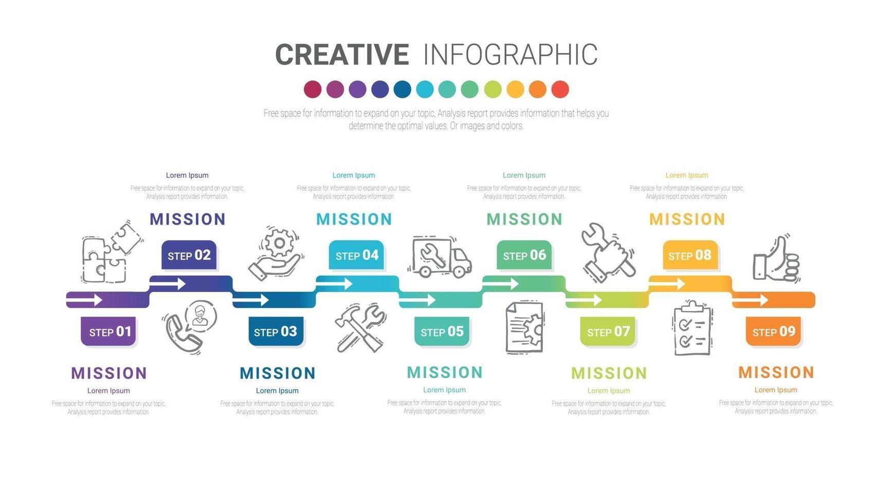 tidslinje infografiska designelement för ditt företag med 9 alternativ. vektor