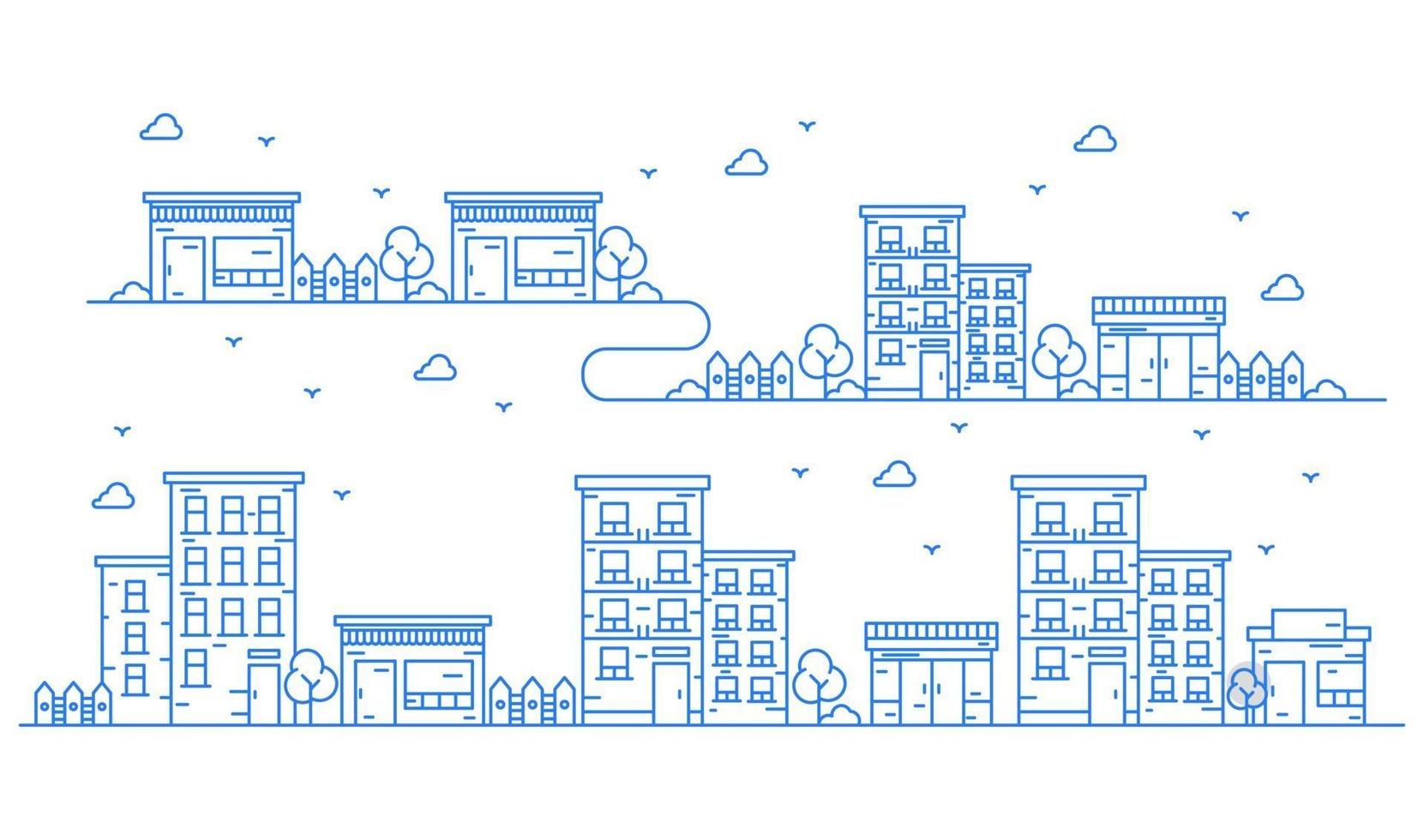 Illustration von Gebäuden im Linienstil mit verschiedenen Gebäudeformen. schöne Stadtansichten mit Bäumen vektor