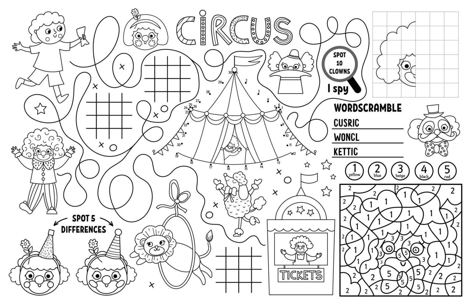 Vektor Zirkus Tischset zum Kinder. Amüsement Show druckbar Aktivität Matte mit Labyrinth, tic tac Zehe Diagramme, verbinden das Punkte, finden Unterschied. schwarz und Weiß abspielen Matte oder Färbung Seite mit Clown