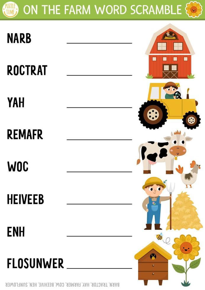 Vektor auf das Bauernhof Wort Gerangel Aktivität Buchseite. Englisch Sprache Spiel mit Scheune, Traktor, Farmer zum Kinder. ländlich Landschaft Familie Quiz mit Bienenstock, Kuh. lehrreich druckbar Arbeitsblatt.