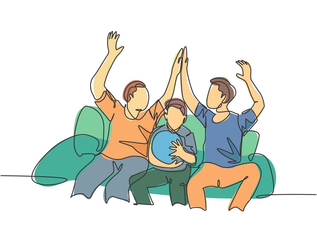 eine Strichzeichnung von Fans, die auf dem Sofa sitzen und ihrem Lieblingsverein beim Spielen des Spiels im Fernsehen zusehen und High Five-Gesten geben. Fans Club Konzept kontinuierliche Linie zeichnen Design-Vektor-Illustration vektor