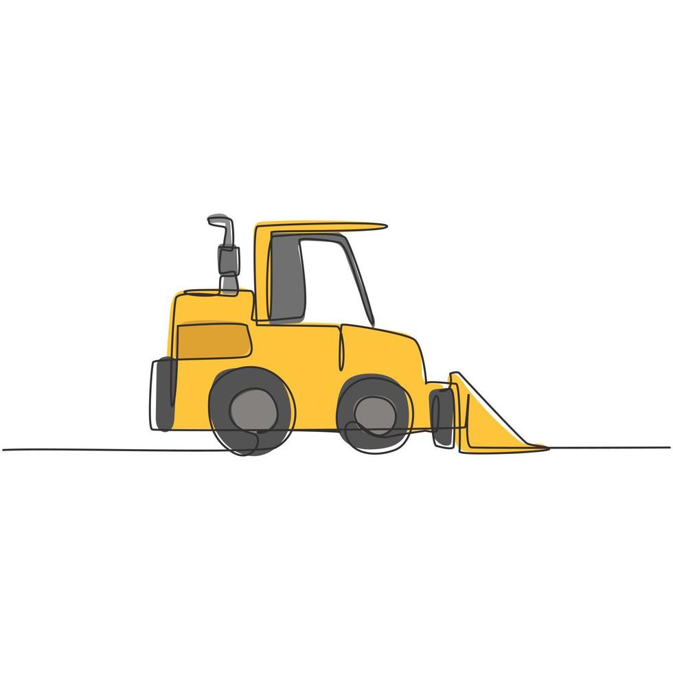 en enda radritning av bulldozer för vägreparation, affärsfordon vektor illustration. tunga grävmaskiner fordon konstruktion koncept. modern kontinuerlig linje rita design