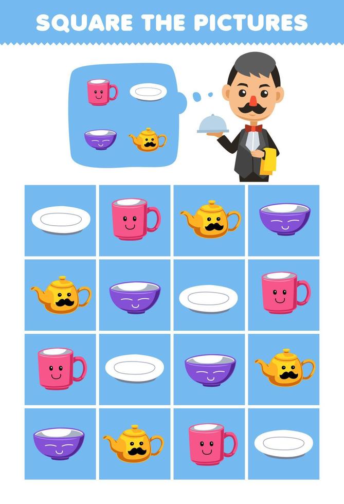 utbildning spel för barn hjälp söt tecknad serie servitör fyrkant de korrekt råna tallrik tekanna och skål uppsättning bild tryckbar verktyg kalkylblad vektor