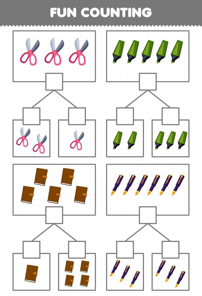 Bildung Spiel zum Kinder Spaß Zählen Bild im jeder Box von süß Karikatur Schere Marker Buch Stift druckbar Werkzeug Arbeitsblatt vektor