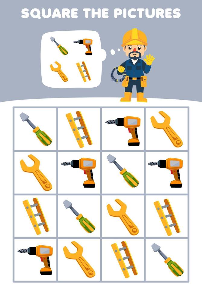Bildung Spiel zum Kinder Hilfe süß Karikatur Elektriker Platz das richtig Leiter bohren Schlüssel Schraubendreher einstellen Bild druckbar Werkzeug Arbeitsblatt vektor