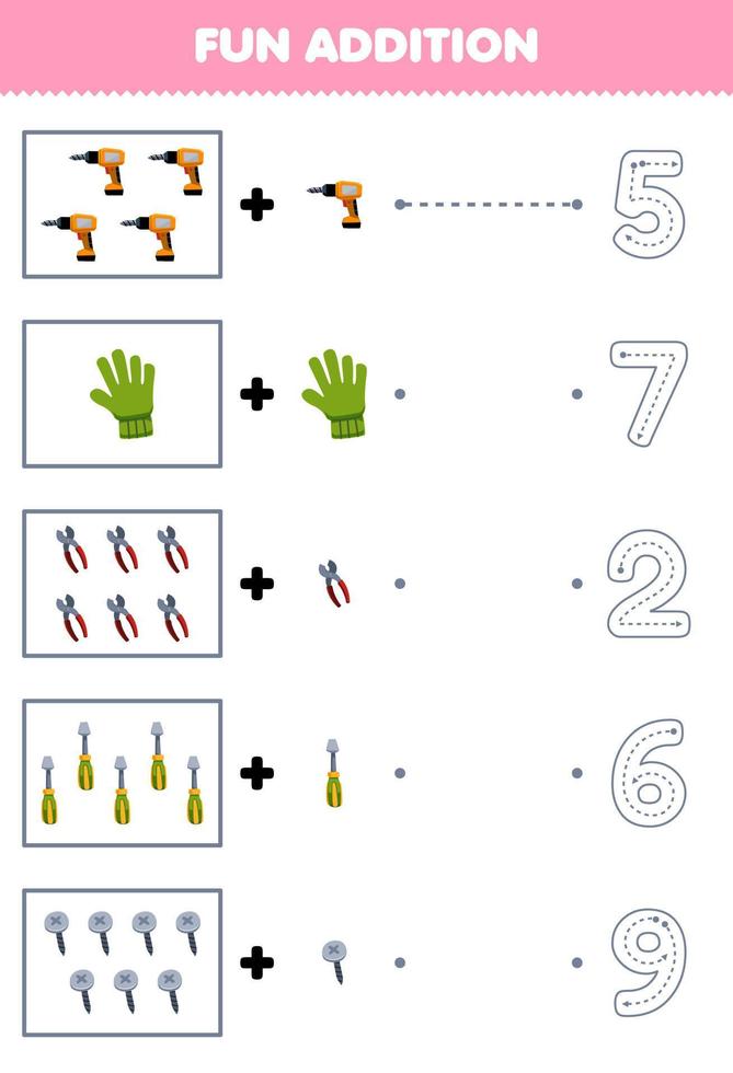utbildning spel för barn roligt räkning och Lägg till ett Mer tecknad serie borra handske tång skruvmejsel skruva sedan välja de korrekt siffra verktyg kalkylblad vektor