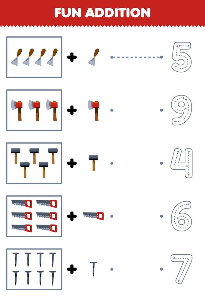 utbildning spel för barn roligt räkning och Lägg till ett Mer tecknad serie mejsel yxa hammare fick syn på nagel sedan välja de korrekt siffra verktyg kalkylblad vektor