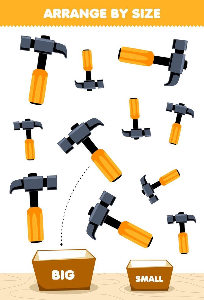 utbildning spel för barn ordna förbi storlek stor eller små sätta den i de låda av söt tecknad serie hammare bild tryckbar verktyg kalkylblad vektor
