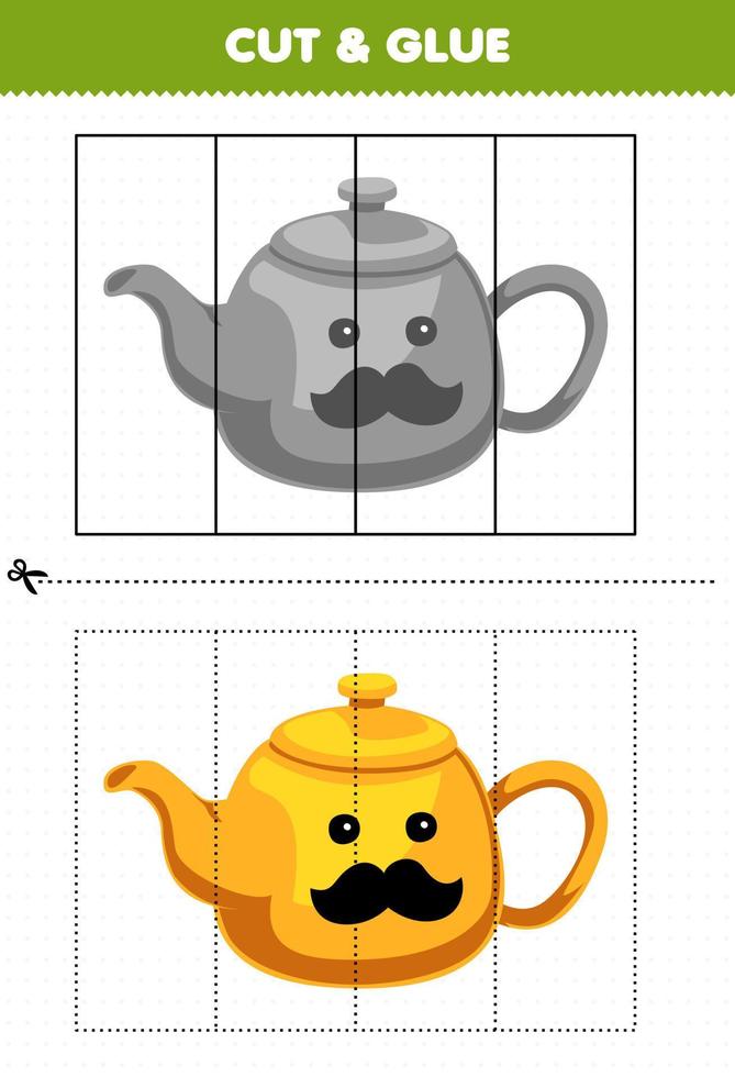 Bildung Spiel zum Kinder Schnitt und kleben mit süß Karikatur Teekanne Bild druckbar Werkzeug Arbeitsblatt vektor