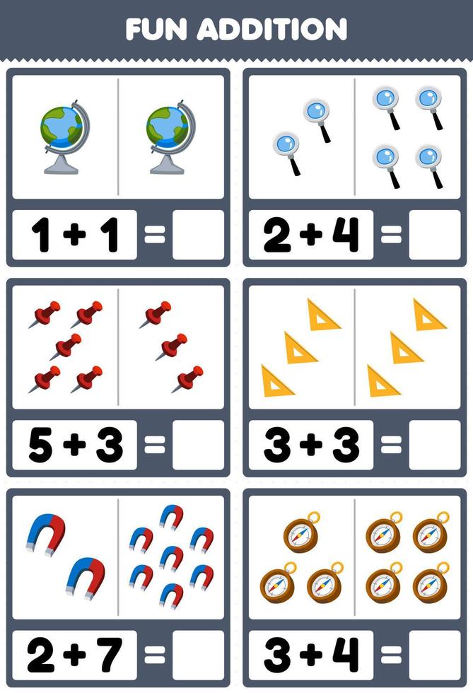 Bildung Spiel zum Kinder Spaß Zusatz durch Zählen und Summe von süß Karikatur Globus Lupe Stift Lineal Magnet Kompass druckbar Werkzeug Arbeitsblatt vektor