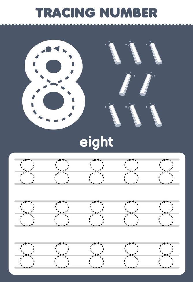 utbildning spel för barn spårande siffra åtta med vit krita bild tryckbar verktyg kalkylblad vektor