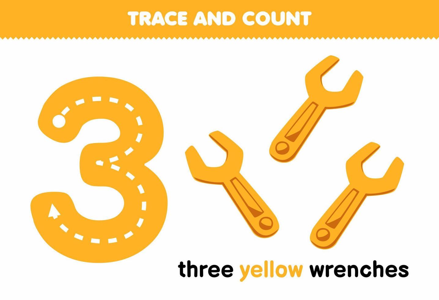 Bildung Spiel zum Kinder Rückverfolgung Nummer drei und Zählen von süß Karikatur Gelb Schraubenschlüssel druckbar Werkzeug Arbeitsblatt vektor
