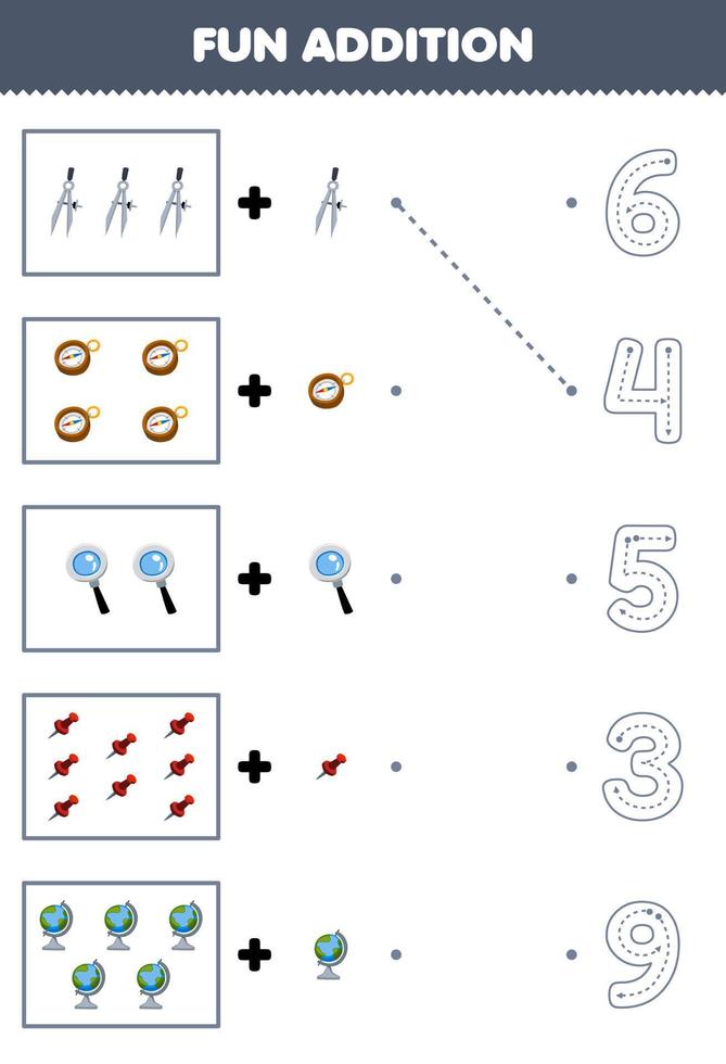 utbildning spel för barn roligt räkning och Lägg till ett Mer tecknad serie delare kompass förstoringsglas stift klot sedan välja de korrekt siffra verktyg kalkylblad vektor