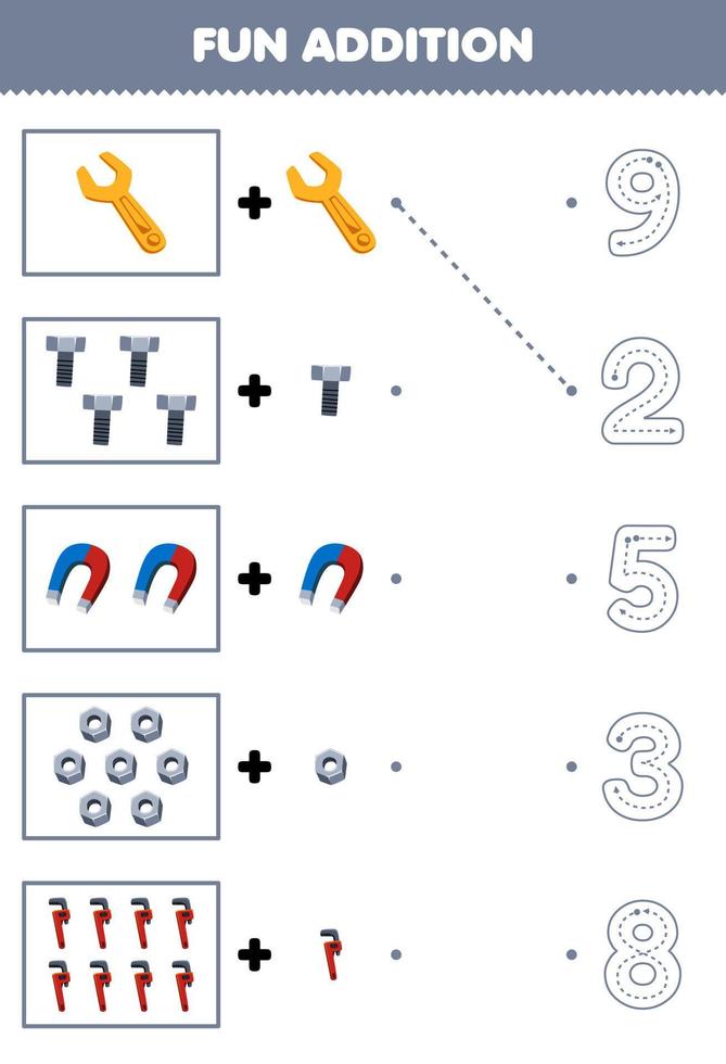 utbildning spel för barn roligt räkning och Lägg till ett Mer tecknad serie rycka bult magnet nöt sedan välja de korrekt siffra verktyg kalkylblad vektor